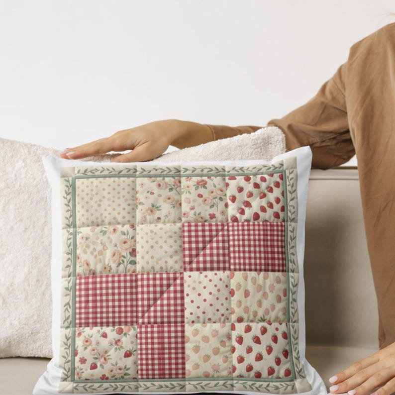 May include: A square throw pillow featuring a patchwork design with alternating squares of red and white gingham, cream fabric with small red strawberries, and cream fabric with pink floral patterns, all bordered by a green leaf vine trim.