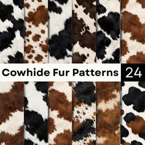 Può includere: Una collezione di 24 motivi digitali di pelle bovina con vari disegni maculati neri, marroni e bianchi. L'immagine mostra una griglia di diverse texture di stampa animale con il testo Cowhide Fur Patterns 24 al centro.