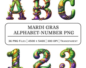 May include: Colorful Mardi Gras alphabet and number PNG files. The letters A, B, and C, along with the numbers 1, 2, and 3, are decorated with green, gold, and purple beads and accents. The image includes the text "MARDI GRAS ALPHABET-NUMBER PNG".