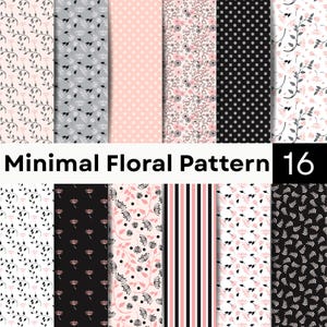 Ensemble de motifs floraux minimalistes | Fond sans raccord à petites fleurs | Papier numérique PNG rose neutre et noir