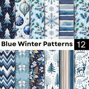 Puede incluir: Una colección de 12 papeles digitales con patrones de invierno en azul, incluyendo ilustraciones de adornos navideños, acebo, copos de nieve, pinos, ciervos, lazos y rayas. El texto Blue Winter Patterns 12 se muestra en el centro.