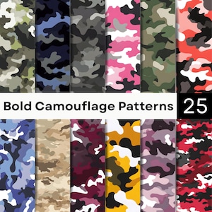 Puede incluir: Una colección de 25 patrones de camuflaje digitales con diversas combinaciones de colores, incluyendo verde, azul, gris, rosa, rojo, amarillo y morado. El texto Bold Camouflage Patterns 25 aparece en el centro de la imagen.