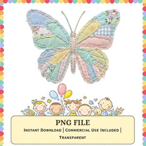 May include: A fabric butterfly applique featuring a patchwork design of pastel-colored floral, gingham, and solid cotton scraps with frayed edges. Below the butterfly is a cartoon illustration of five children and a dog with balloons and text reading PNG FILE.