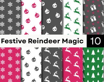 Christmas Pattern Bundle | Holiday Digital Paper | Gift Tree Reindeer Seamless PNG Collection