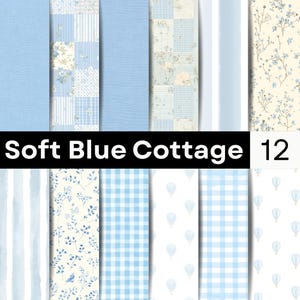 Digitalt papper med blått hus | Mjuka blommiga ginghammönster | Vintage patchwork PNG-paket