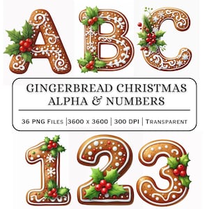 May include: Gingerbread Christmas alphabet letters A, B, and C, and numbers 1, 2, and 3. Each is decorated with white icing, holly leaves, and red berries. The image includes the text "GINGERBREAD CHRISTMAS ALPHA & NUMBERS".