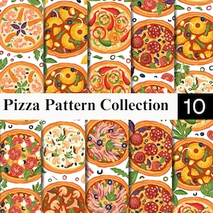 May include: A digital collection of ten distinct pizza patterns featuring various toppings like pepperoni, shrimp, pineapple, mushrooms, bacon, and chili peppers on a white background, with the text Pizza Pattern Collection 10 displayed.