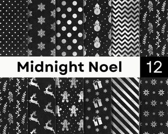 Black Christmas Digital Paper | Monochrome Holiday Patterns | Snowflake Tree Seamless JPG Bundle