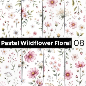 May include: A digital pattern featuring a variety of pastel wildflowers, including pink cosmos, small white blossoms, and delicate green foliage on a white background. A black horizontal bar displays the text Pastel Wildflower Floral 08.