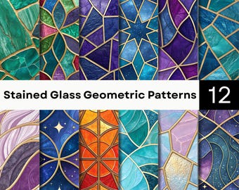 Stained Glass Digital Paper | Seamless Geometric Backgrounds | Gold Line Mosaic Pattern Bundle