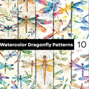 Digitaal papier met aquarel libelle | Naadloze insectenpatronen | Achtergrondpakket voor botanische tuin