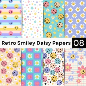 May include: A collection of eight digital papers featuring patterns of smiley faces, daisies, stars, and checkered squares in pastel and bright colors. The text Retro Smiley Daisy Papers 08 is displayed in black on a white horizontal banner.
