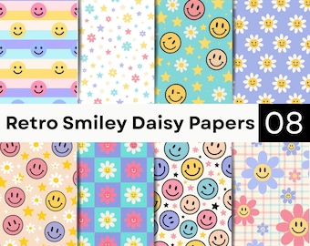 Smiley Face Pattern Bundle | Retro Daisy Groovy Seamless | Pastel Digital Paper PNG