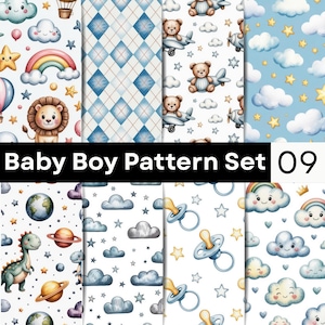 May include: A digital collection of eight seamless patterns featuring illustrations of teddy bears in aeroplanes, smiling clouds, rainbows, stars, planets, dinosaurs, and dummies, with a central black banner labelled Baby Boy Pattern Set 09.