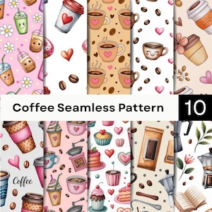 Puede incluir: Una colección de diez patrones sin costuras con ilustraciones de temática cafetera que incluyen varias tazas, tazones, granos de café, corazones, pasteles y cafeteras moka en paletas de colores rosa, beige, blanco y tonos marrones.