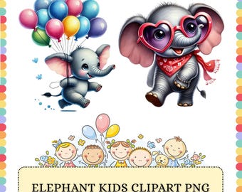 Elephant PNG Bundle | Baby Animal Cartoon Nursery Theme | Sublimation Clipart Graphics Design Pack