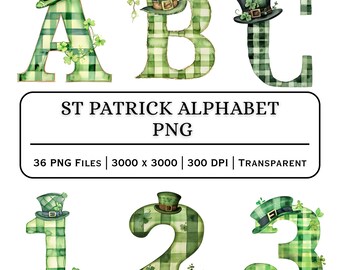 St Patrick’s Day Alphabet PNG A–Z with 0–9 | Green Plaid Letters | Digital Download