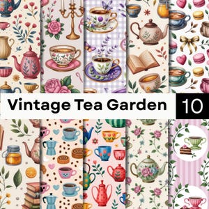 May include: A digital collage of ten vertical panels featuring repeating patterns of teapots, teacups, saucers, flowers, books, honey jars, and macarons in various colours. The text Vintage Tea Garden 10 is centred across the middle of the image.