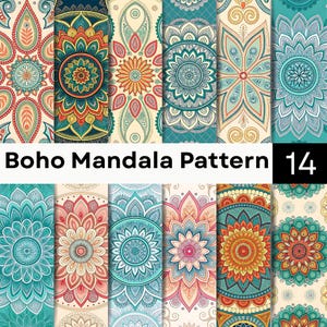 May include: A collection of twelve vertical rectangular panels featuring intricate mandala patterns in various color palettes including teal, orange, pink, and cream. The text "Boho Mandala Pattern 14" is displayed in a central white banner.