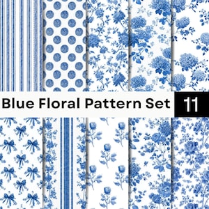 Puede incluir: Una colección de once papeles digitales con patrones en azul y blanco, que incluyen rayas verticales, lunares, lazos y varios diseños florales. El texto Blue Floral Pattern Set 11 se muestra en el centro de la imagen.