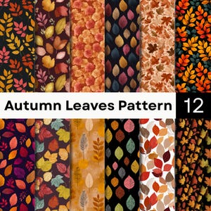 May include: A digital collection of 12 Autumn Leaves Pattern designs featuring various arrangements of fall foliage in shades of orange, red, yellow, brown, and black. The graphic displays repeating leaf motifs across multiple distinct panels.
