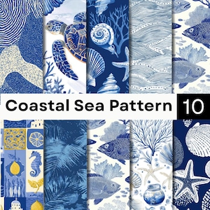 May include: A collection of ten digital papers featuring a Coastal Sea Pattern. Designs include blue and white illustrations of sea turtles, fish, coral, seashells, starfish, palm fronds, and Mediterranean-inspired motifs with yellow accents.