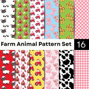 May include: A digital collection of 16 farm-themed patterns featuring illustrations of sheep, red barns, tractors, pigs, dogs, apple baskets, cow spots, and pink gingham checks. The text Farm Animal Pattern Set 16 is displayed in the center.