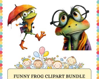 Funny Frog PNG Bundle | Cartoon Kawaii Animal Characters | Sublimation Clipart Graphics Design Pack