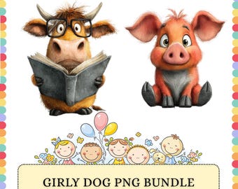 Farm Animal PNG Bundle | Cartoon Cow Pig Chicken Nursery | Sublimation Clipart Graphics Design Pack