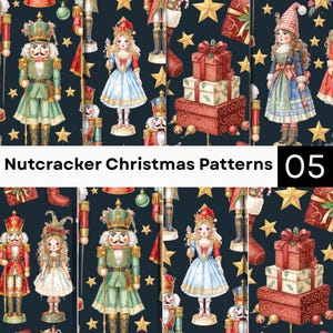 Puede incluir: Un patrón digital con figuras de cascanueces, muñecas con trajes festivos, cajas de regalo apiladas y estrellas doradas sobre un fondo azul marino. El texto Nutcracker Christmas Patterns 05 aparece en un recuadro blanco en el centro.