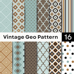 May include: A digital collection of 16 patterns featuring geometric shapes, polka dots, and vertical stripes in a color palette of light blue, brown, black, and white. The text Vintage Geo Pattern 16 is displayed across the center of the image.
