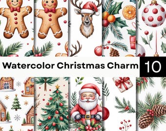 Watercolor Christmas Pattern Bundle | Santa Tree Gift Seamless | Holiday Digital Paper JPG