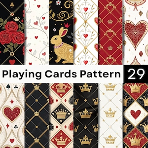 May include: A collection of twenty-nine digital patterns featuring playing card motifs including red roses, gold crowns, hearts, diamonds, clubs, spades, and a gold rabbit. The designs incorporate black, white, red, and gold color palettes with geometric grid lines and floral accents. The text Playing Cards Pattern 29 is displayed prominently across the center of the image.