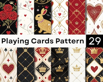 Digitales Spielkarten-Papier | Nahtloses Casino-Muster | Hintergrund mit Herz, Pik, Karo und Kreuz