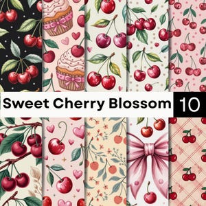 May include: A digital paper collection titled Sweet Cherry Blossom 10 featuring ten distinct patterns. Designs include red cherries with green leaves, pink cupcakes, small hearts, polka dots, plaid backgrounds, and a large pink bow on a white background.