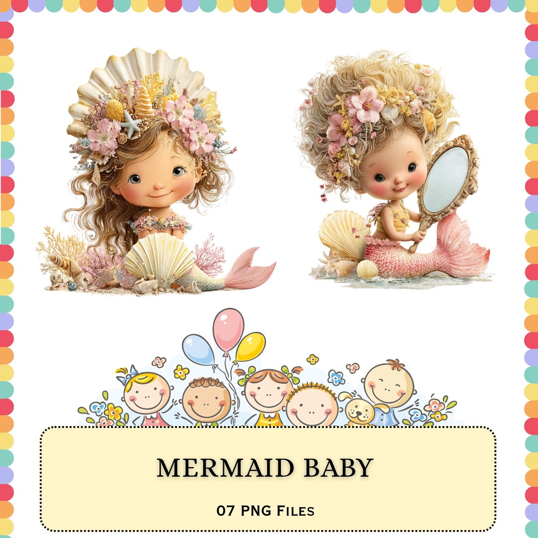 Baby Mermaid Clipart Bundle PNG | Pastel Ocean Illustration Pack ...