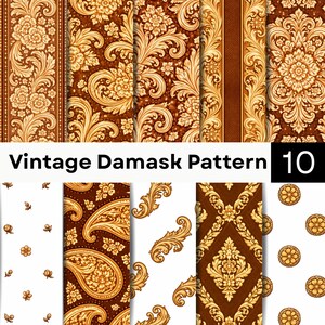 May include: A collection of ten digital papers featuring a vintage damask pattern with intricate gold floral and scroll motifs set against deep brown and white backgrounds. The text Vintage Damask Pattern 10 is displayed in the center.