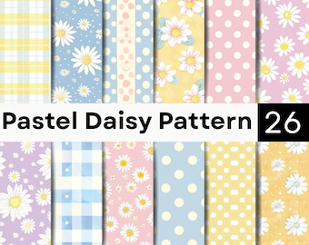Pastellfarbenes Gänseblümchen-Musterpaket | Digitales Papier mit Vichy-Karo und Blumenmuster | Nahtloser Hintergrund mit Polka-Dots