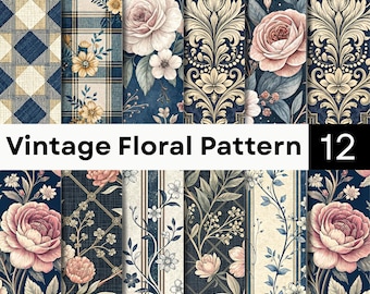 Nahtloses Vintage-Blumenmuster-Set | Rosen-Damast-Digitalpapier | Antiker botanischer Druck