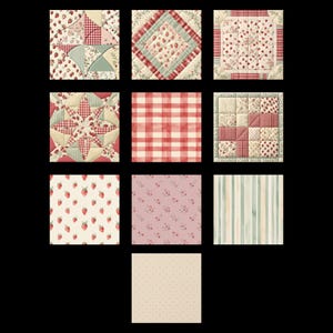 May include: A collection of ten square fabric swatches featuring various patterns including strawberry prints, red and white gingham checks, floral motifs, striped designs, and solid cream polka dots, arranged in a grid against a black background.
