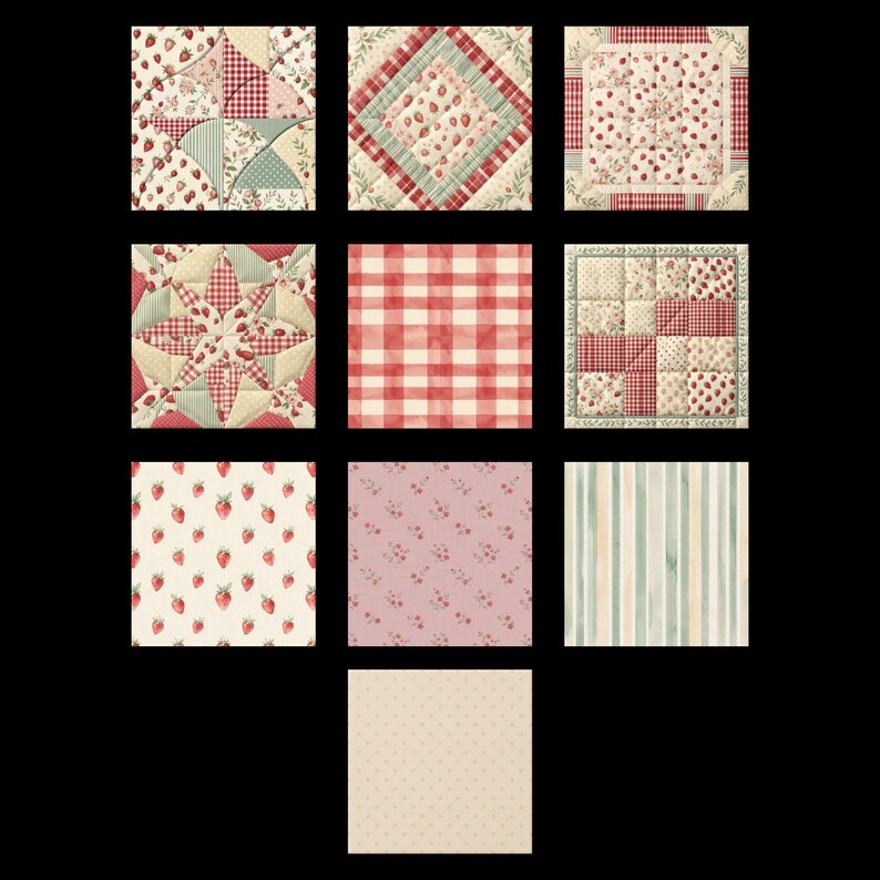May include: A collection of ten square fabric swatches featuring various patterns including strawberry prints, red and white gingham checks, floral motifs, striped designs, and solid cream polka dots, arranged in a grid against a black background.