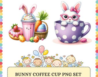 Easter Coffee Clipart | Bunny Drink PNG Set | Pastel Cafe Dessert Art for Spring Sublimation