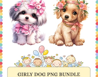 Hund PNG Bündel | Welpe Blumen Bogen Girly Haustier | Sublimation Clipart Grafiken, Design Paket