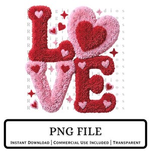 Könnte beinhalten: Ein dekoratives Design mit dem Wort "LOVE" in Rot und Rosa, verziert mit Herzen und Sternen. Die Buchstaben haben eine strukturierte Oberfläche. Der Text "PNG FILE" und "INSTANT DOWNLOAD | COMMERCIAL USE INCLUDED | TRANSPARENT" ist ebenfalls enthalten.