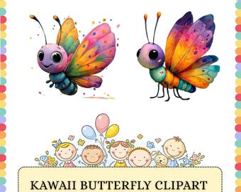 Kawaii Butterfly PNG Bundle | Watercolor Colorful Bug Characters | Sublimation Clipart Graphics Design Pack