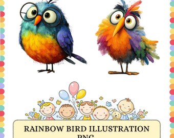 Colorful Bird PNG Bundle | Funny Cartoon Rainbow Birds | Sublimation Clipart Graphics Design Pack
