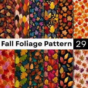 May include: A digital collection of twelve distinct seamless patterns featuring fall foliage, including maple and oak leaves in shades of red, orange, yellow, brown, and purple against various backgrounds. The text Fall Foliage Pattern 29 is visible.