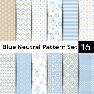 May include: A digital collection of 16 patterns featuring blue and beige color palettes. Designs include chevron stripes, polka dots, stars, geometric shapes, and illustrations of teddy bears with balloons. Text reads Blue Neutral Pattern Set 16.
