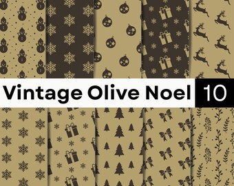 Olive Green Christmas Digital Paper | Vintage Reindeer Bow Snowflake Seamless JPG Bundle