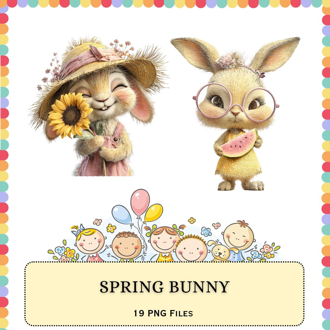 Bunny Clipart PNG Bundle | Spring Rabbit Floral Basket Sunflower Set ...